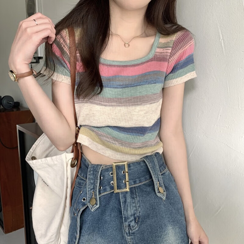 彩虹条纹方领短袖t恤女正肩夏季2025年新款薄款冰丝针织短款上衣 蓝色 均码 80-120斤选