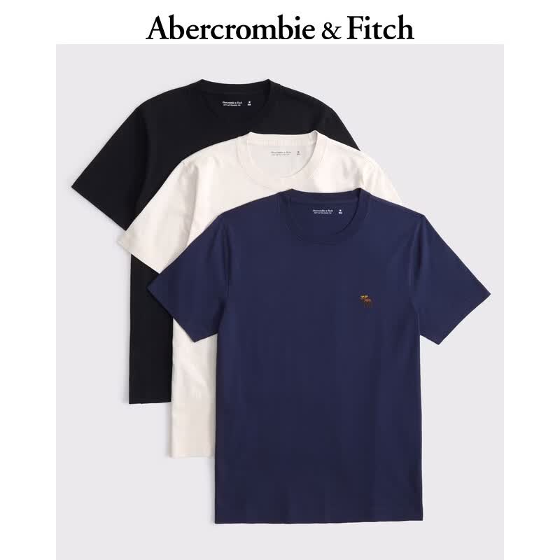 Abercrombie &amp; Fitch经典小麋鹿图案纯棉3件组合装重磅短袖T恤25秋季男装124-5044 海军蓝多色 S (175/92A)