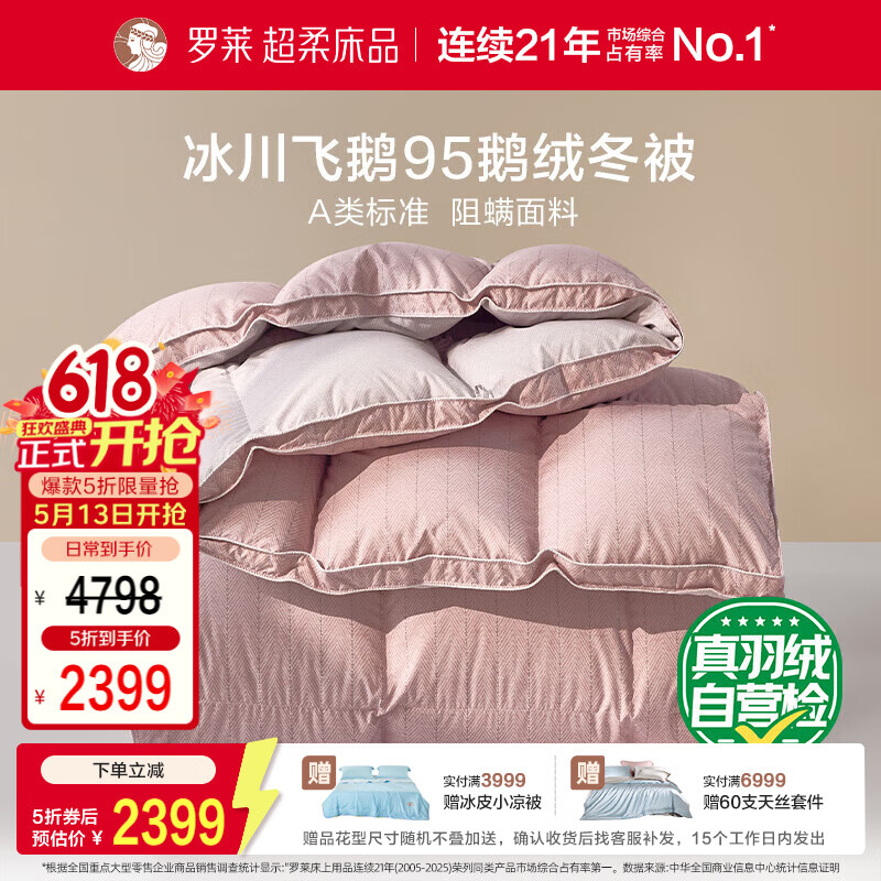 罗莱家纺 羽绒被 A类95%水洗鹅绒被子保暖冬被芯 约5.2斤粉