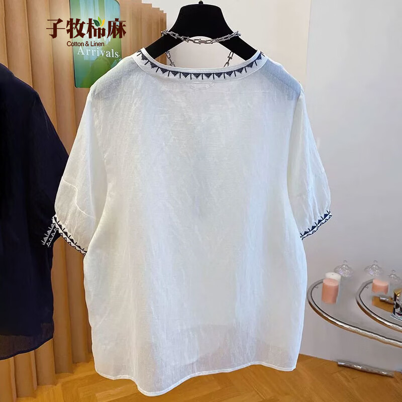 子牧棉麻2026夏装 女民族风刺绣衬衫短袖宽松薄款圆领小衫上衣1268 白色 XL (建议125-135斤)