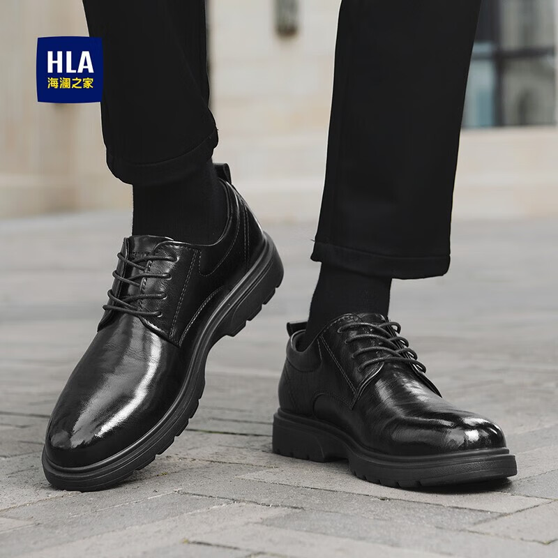 海澜之家(HLA)皮鞋男2026夏季新款透气商务正装德比鞋休闲英伦风结婚新郎男鞋 黑色-增高(HAAPXM1EBH090) 40 (偏大一码,拍小一码)