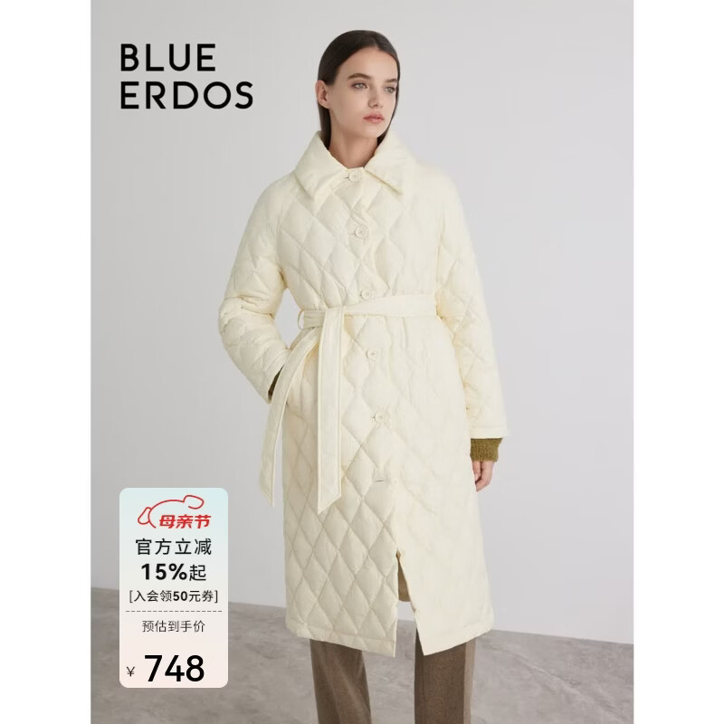 BLUE ERDOS羽绒服女秋冬翻领复古格纹保暖长款厚外套B236JG013 浅米黄 XS 155/76A