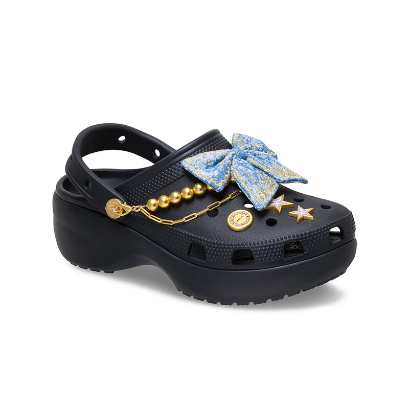 卡骆驰(CROCS)白鹿同款经典丹宁蝴蝶云朵洞洞鞋厚底沙滩鞋|213114 黑色-001(含智必星) 38 (240mm)