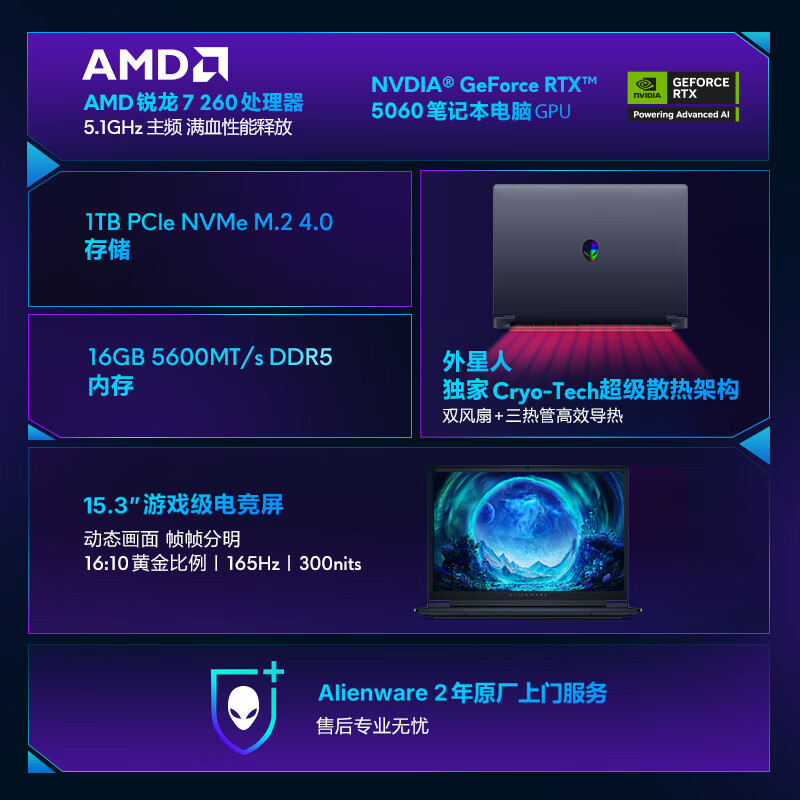 外星人(Alienware)游戏本 国家补贴 星刃 15.3英寸 全新锐龙7 260 高性能笔记本电脑 5060显卡 16G 1T 165Hz R1761B