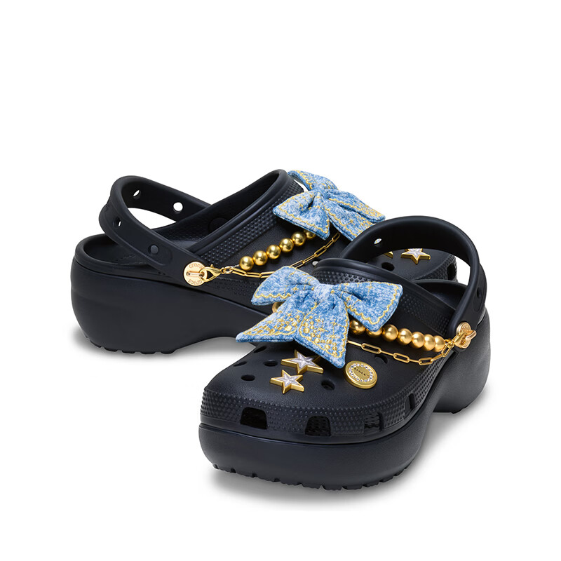 卡骆驰(CROCS)白鹿同款经典丹宁蝴蝶云朵洞洞鞋厚底沙滩鞋|213114 黑色-001(含智必星) 38 (240mm)