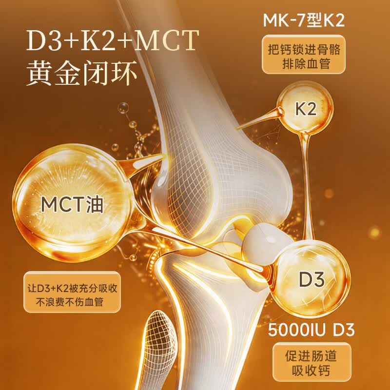 REOTT 维生素D3K2美国进口5000iU成人备孕MCT油促进钙吸收 D3+K2【囤货装】 60粒*5瓶