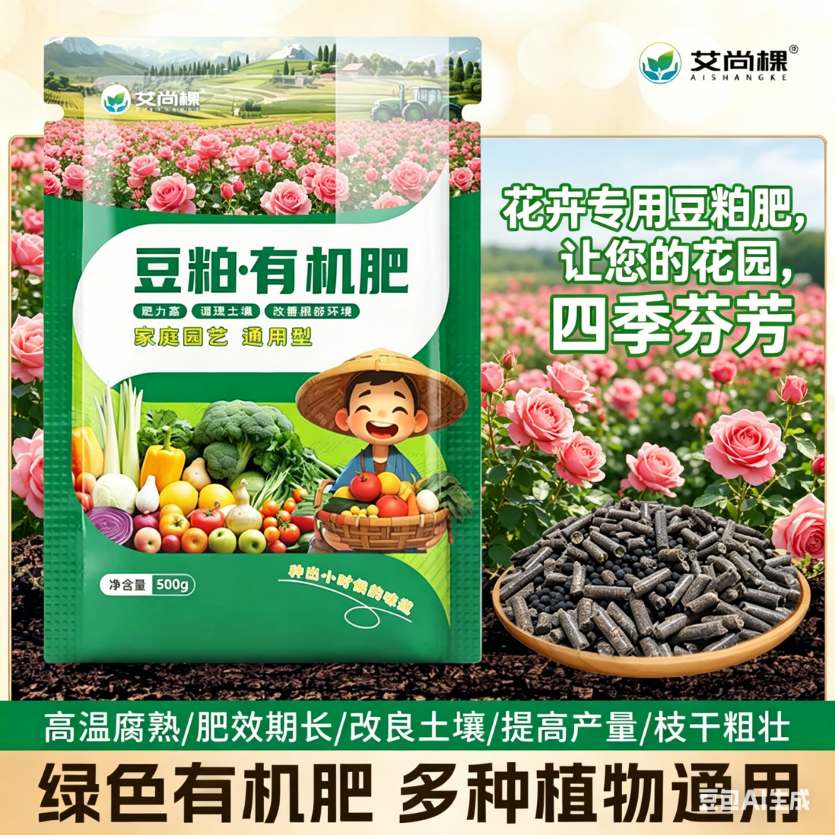发酵纯豆粕有机肥花卉蔬菜果树用底肥改良土壤天然有机农家颗粒肥 500克5袋