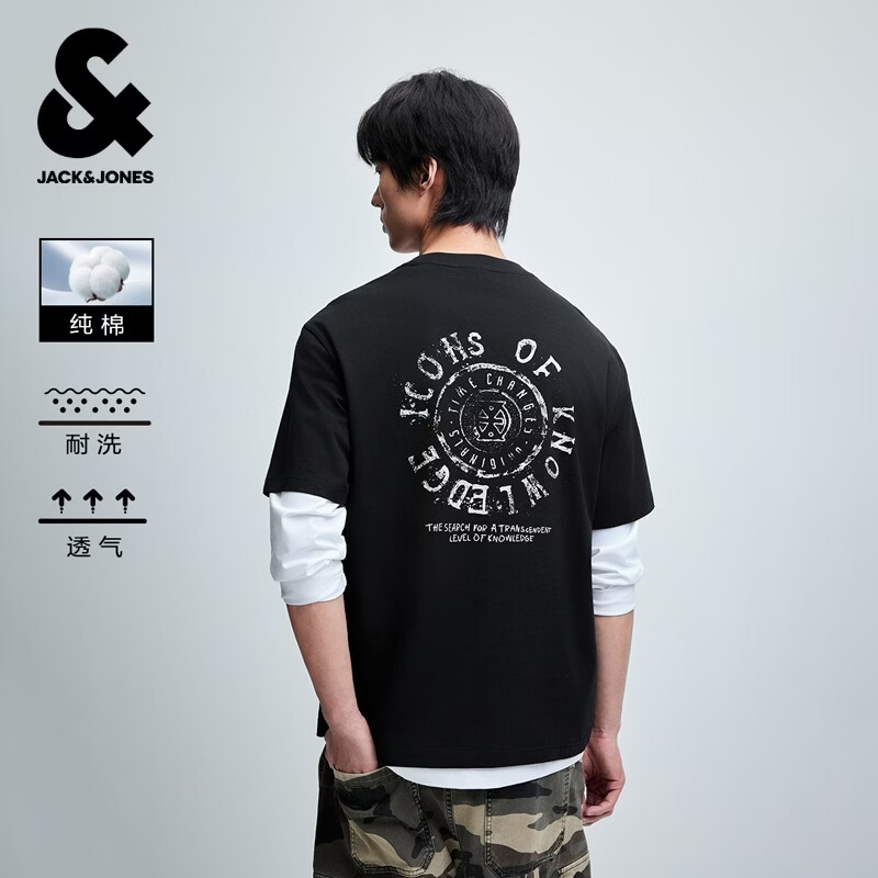 杰克·琼斯（JACK&amp;JONES）26年【100%纯棉】短袖t恤男款夏季新款宽松潮流印花高端透气半袖 E43纯黑色 M （175）偏大，建议选小一码