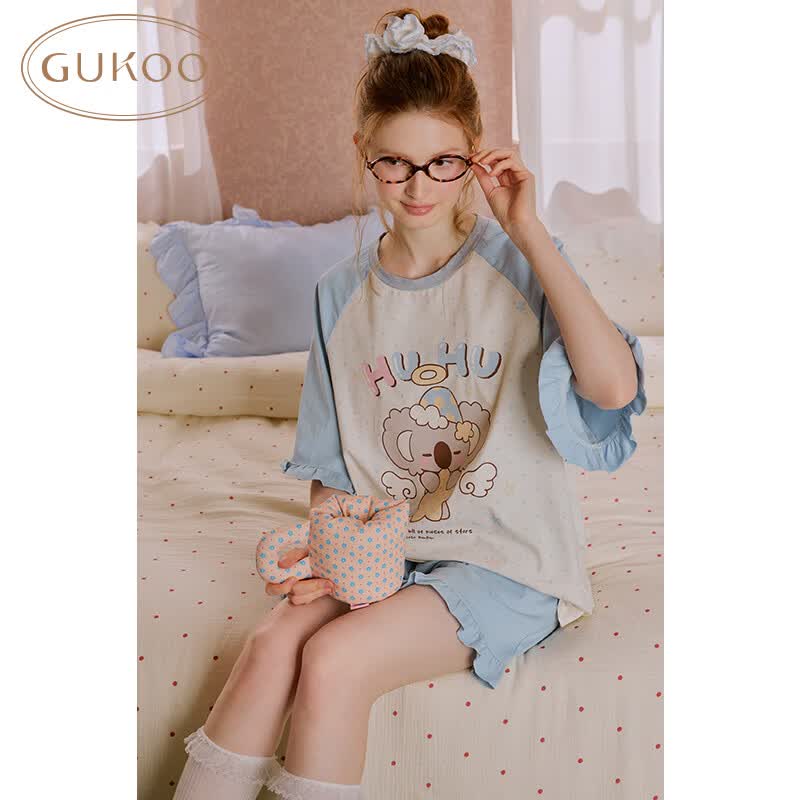 果壳（Gukoo）睡衣女夏季原创卡通可爱条纹插肩袖纯棉宽松女家居服套装B 浅蓝小考拉套装 L