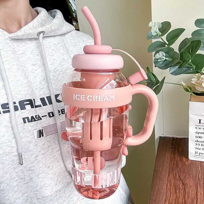 亚创优品+塑料杯水杯男女便携运动水杯大容量泡茶水杯防漏学生杯太空杯子 粉色 1300ML