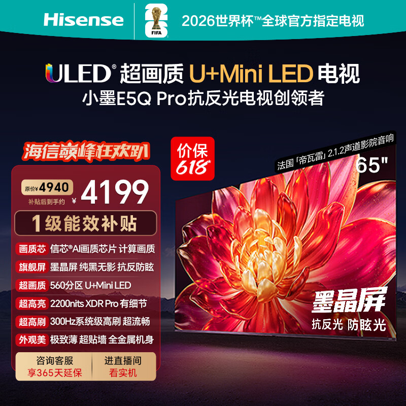 海信电视【价保618】小墨E5Q Pro 65英寸 560分区U+MiniLED 信芯 抗反防眩墨晶屏 能效补贴 65E5Q-PRO