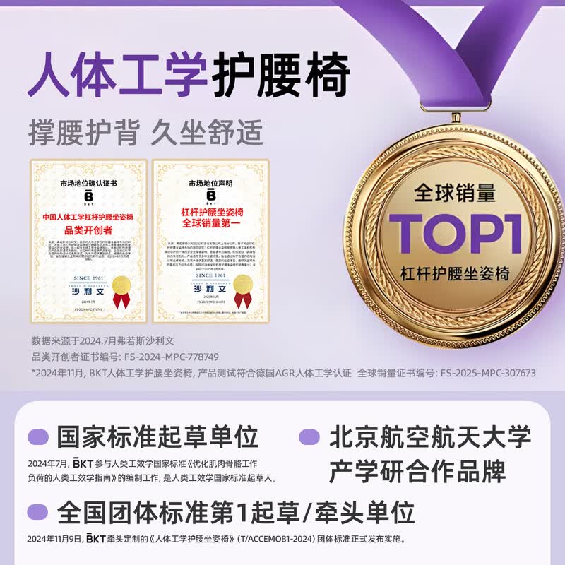 BKT 护腰坐垫椅办公室上班族办公椅靠背久坐不累护腰神器靠腰靠垫 气质灰-加大版【推荐150以下适用】