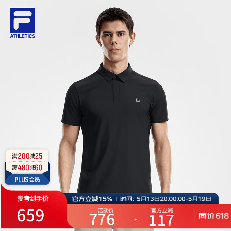 FILA 菁英POLO斐乐官方男子针织短袖POLO衫2026夏季新款防晒上衣 深黑-BK XL 180/100A/XL