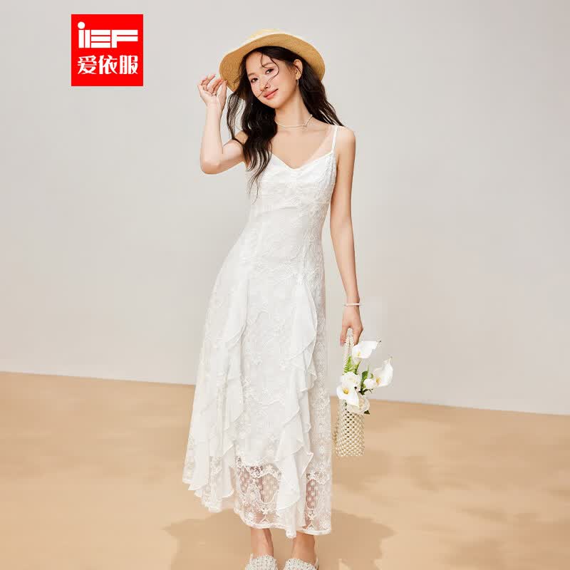 IEF/爱依服2026新款夏季蕾丝法式浪漫淑女气质甜美吊带连衣长裙 白 S