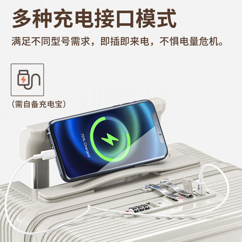 稻草人新款行李箱女20*30*40加厚耐用拉杆箱14寸登机箱轻便耐用旅行箱 白加紫【双层防爆拉链+双充电接口+后置隐藏杯架】 14寸航空可登机