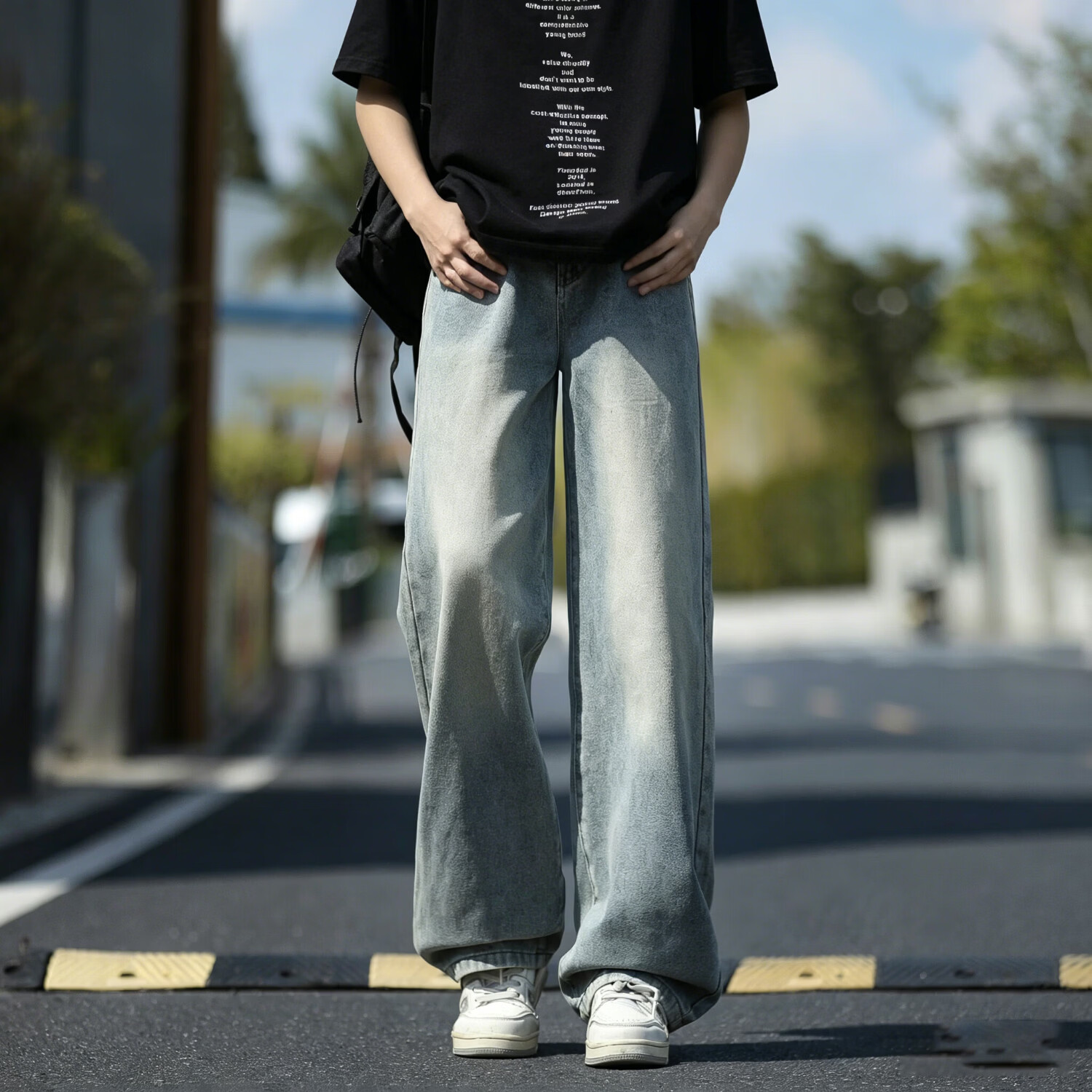 啄木鸟牛仔裤男夏季薄款潮流百搭直筒阔腿裤子男青少年美式高街长裤男 黑灰 XL 建议130-150斤