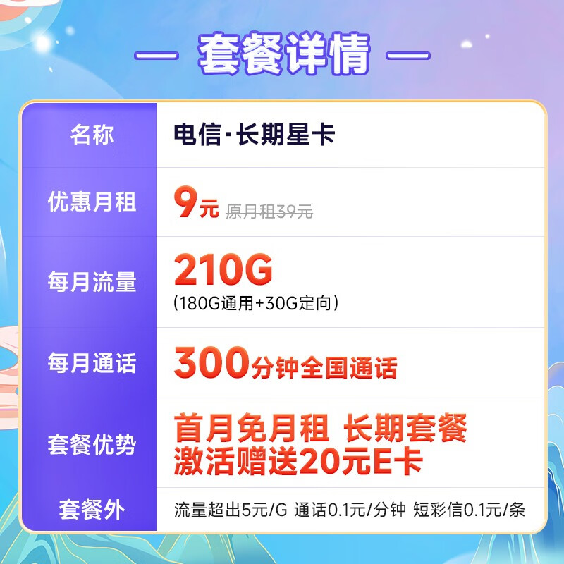 中国电信玉兔卡仰望阳光卡流量卡5G手机卡不限速上网卡低月租电话卡号码卡全国通用 长期星卡9元210G流量+300分钟通话