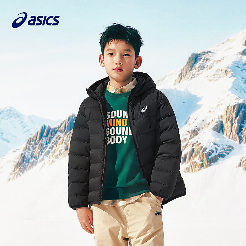 亚瑟士（asics）26年中大童男女冬季新款三防连帽柔软保暖羽绒服 85%绒含量-黑色 175 （充绒量82.1g）