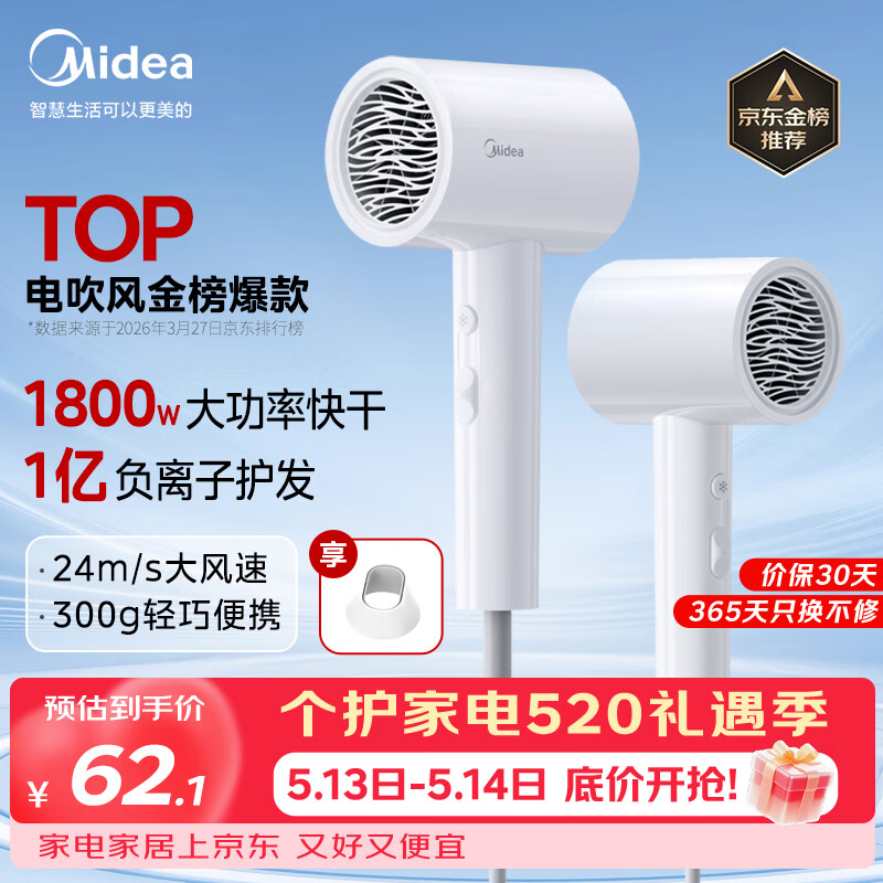 美的（Midea）1亿负离子电吹风 大功率快干不伤发吹风机 家用负离子护发吹风筒 FJ208白1800W 国家补贴 生日礼物