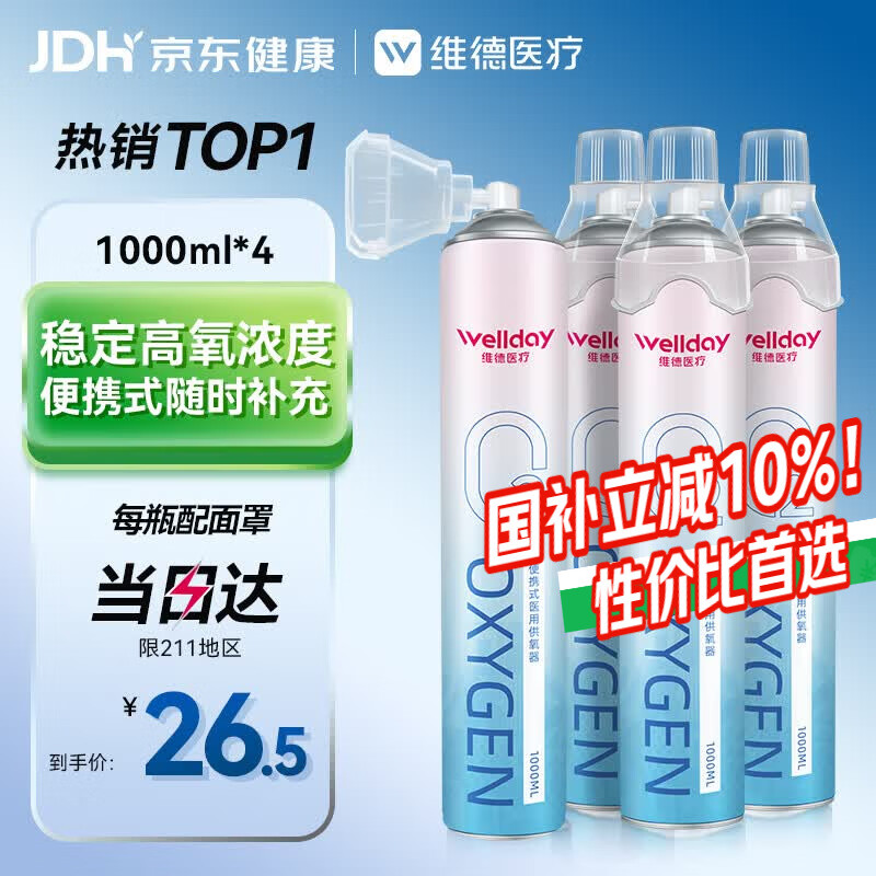 维德（WELLDAY）氧气瓶便携式供氧器孕妇老人吸氧机高原旅游氧气罐1000ml*4瓶