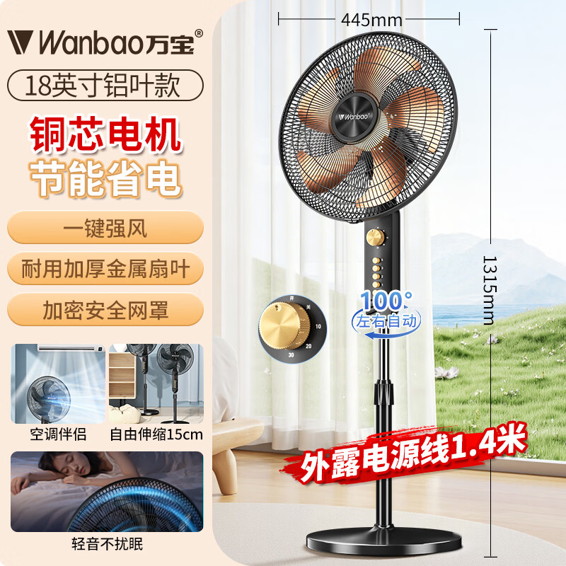 万宝(Wanbao)电风扇落地扇家用风扇立式大风力客厅宿舍五叶扇轻音节能劲风远距电扇铝叶大风 18英寸铝五叶机械款【铜芯电机】