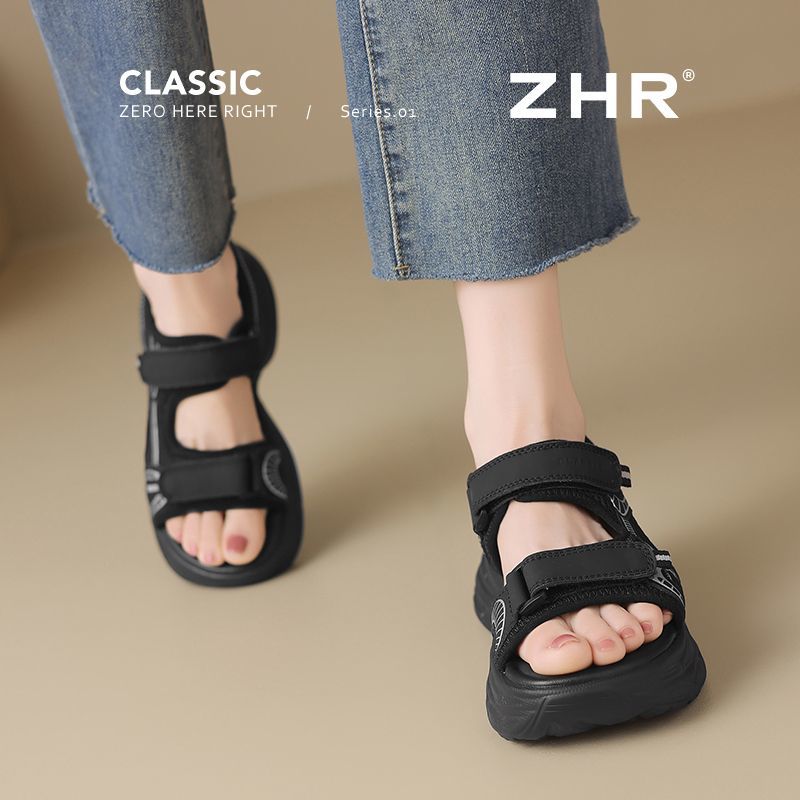 ZHR则则厚底休闲凉鞋女2025夏ins外穿魔术贴沙滩凉鞋轻便增高女鞋 米色 37