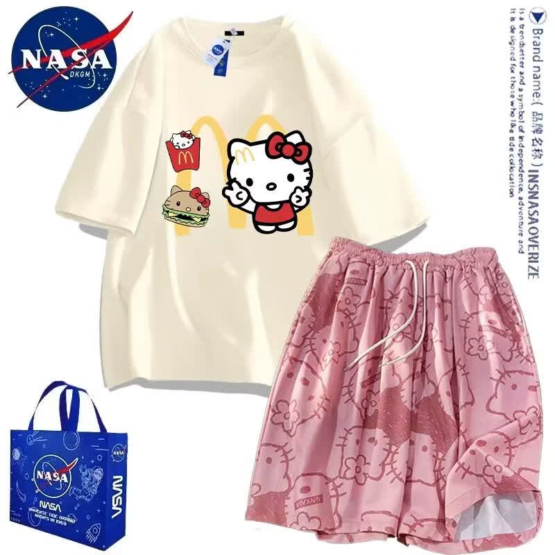 INSNASAOVERIZENASA联名HelloKitty睡衣夏季男女卡通可爱短袖短裤睡裤家居服套装 HelloKitty【白色t恤+短裤】男女同款 均码 短袖L+短裤XL 120斤-140斤