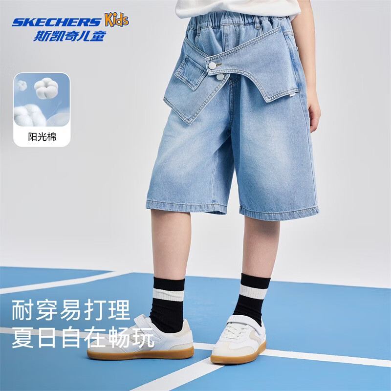斯凯奇（Skechers）童装女童牛仔裤2026夏季中大童休闲梭织七分裤 质感蓝   140   