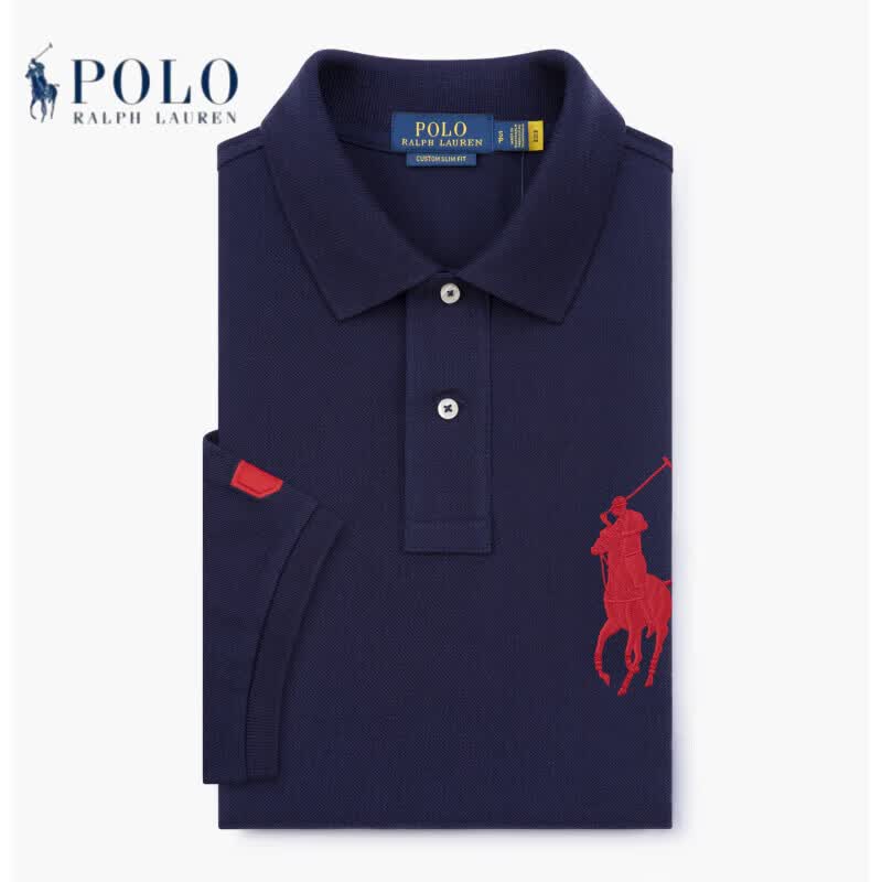 RALPH LAUREN 拉夫劳伦夏季短袖polo衫高端男装休闲纯棉小马标男士T恤衫夏季上衣礼盒装 宝蓝-红 M 备注身高体重,按身高体重定制发货