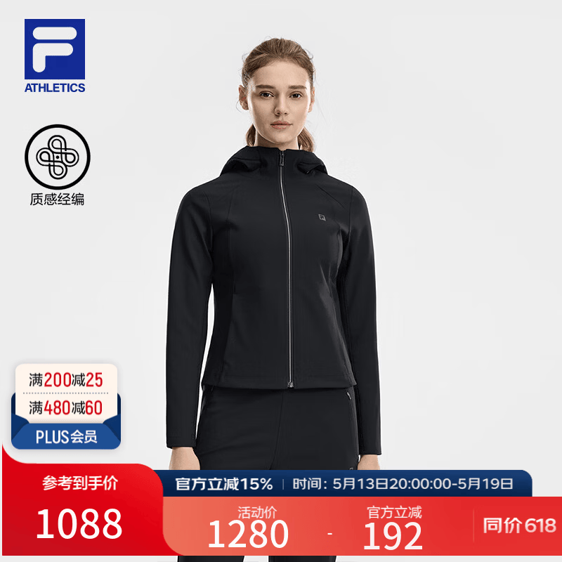 FILA 斐乐官方女士针织连帽外套2026夏新款健身运动简约修身上衣 深黑-BK L 170/88A/L