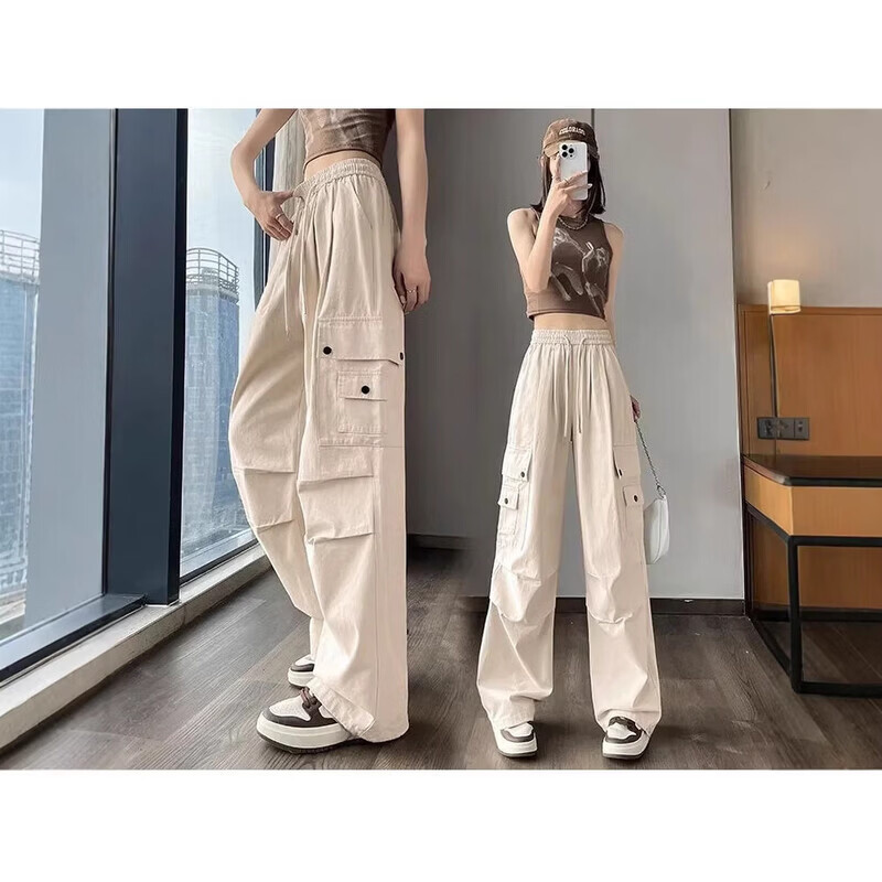 YOUNVFR美式工装裤女休闲高腰显瘦直筒裤子宽松百搭阔腿运动裤ins 诚M03米杏色 L /110-115斤 YOUNVFR美式工装裤女休闲高腰显瘦直筒裤子宽松百搭阔腿运动裤ins 诚M03米杏色 L /110-115斤