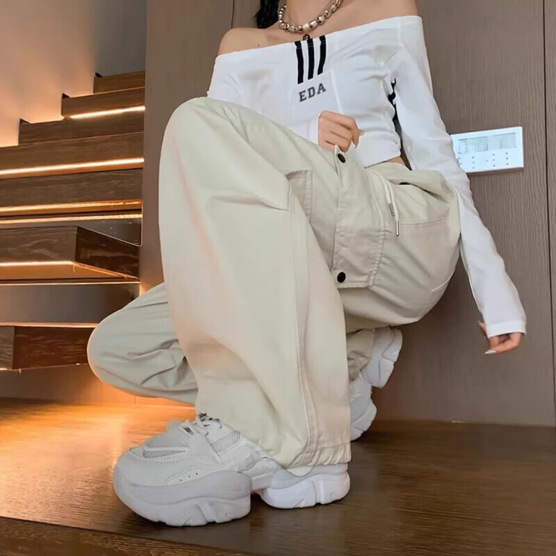 YOUNVFR美式工装裤女休闲高腰显瘦直筒裤子宽松百搭阔腿运动裤ins 诚M03米杏色 L /110-115斤 YOUNVFR美式工装裤女休闲高腰显瘦直筒裤子宽松百搭阔腿运动裤ins 诚M03米杏色 L /110-115斤