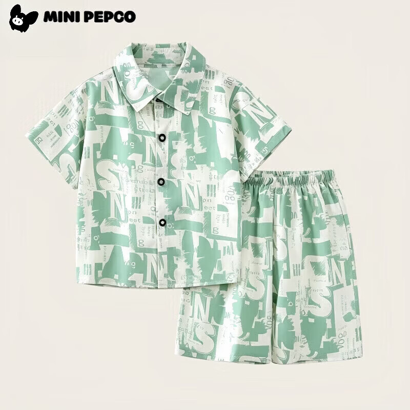 小猪班纳（PEPCO）儿童套装新款韩版短袖短裤衬衫两件套海滩 衬衣套装鹦鹉树 100 cm