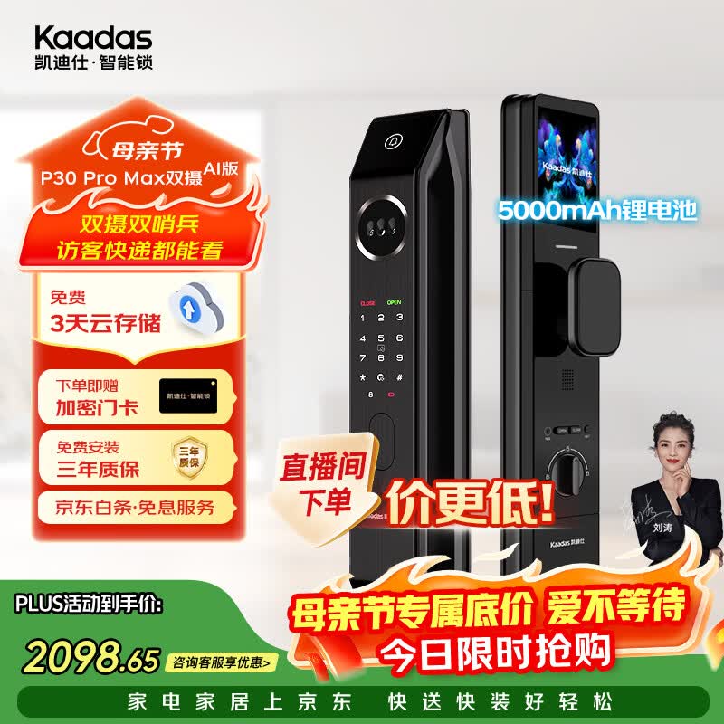 凯迪仕（KAADAS）智能门锁 双摄人脸识别可视猫眼大屏指纹锁 P30 Pro Max双摄AI版