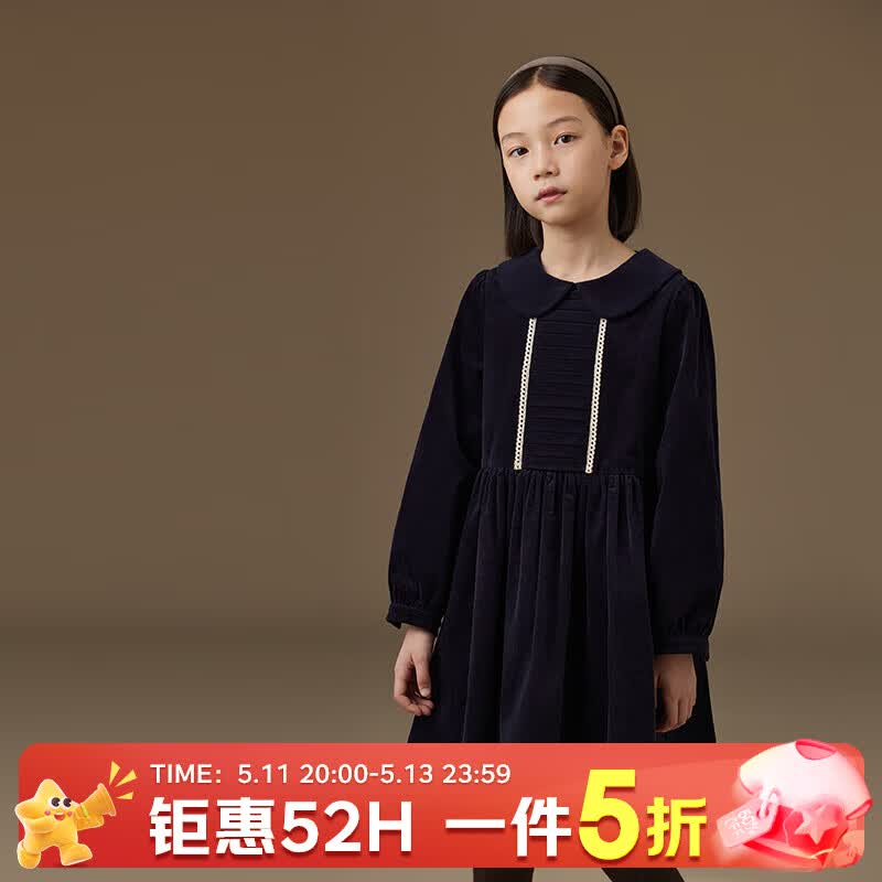 哈齿儿童连衣裙24冬季新款复古娃娃领拼色灯芯绒加厚长袖裙子女童长裙 深藏青 110 cm
