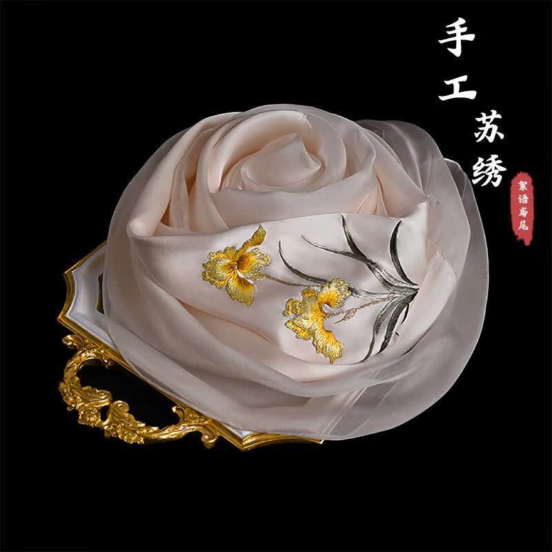 杭丝路苏绣真丝丝巾桑蚕丝飘纱女士礼盒披肩生日节日礼物送妈妈长辈实用 絮语鸢尾-金色