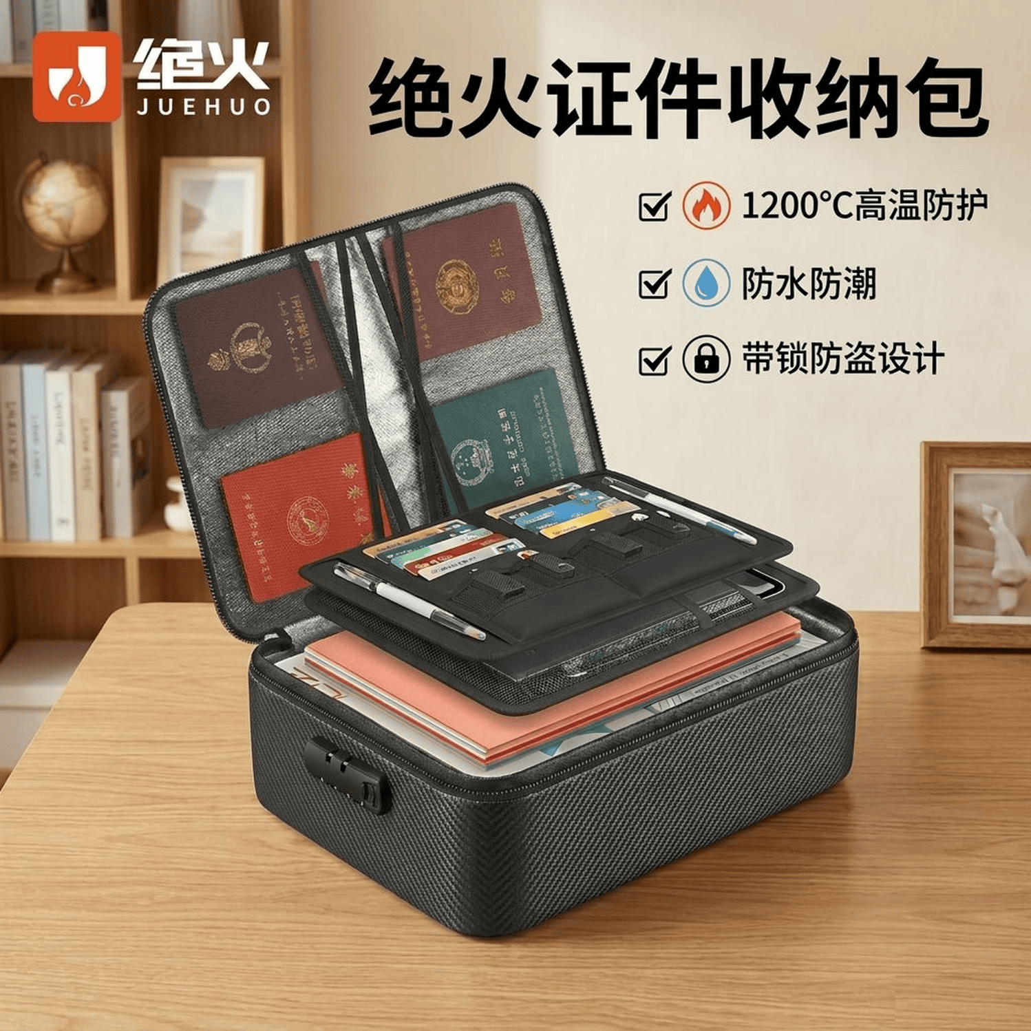 绝火证件收纳包防水防火带锁大容量文件箱耐高温全防火贵重物品收纳 全防火旗舰版收纳包 36*27*10cm