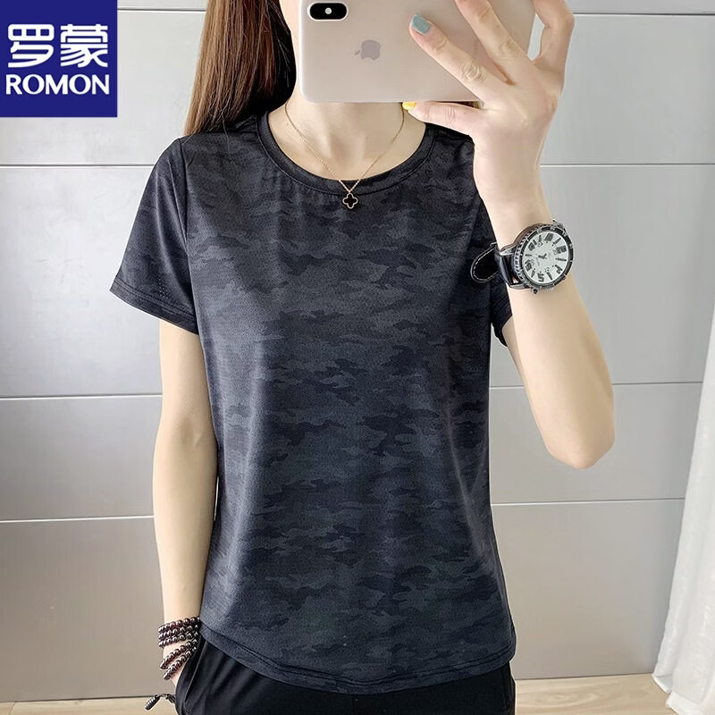 罗蒙冰丝速干运动套装女 夏季超薄透气登山跑步运动服短袖T恤女两件套 8827粉色上衣 3XL【150-170斤】