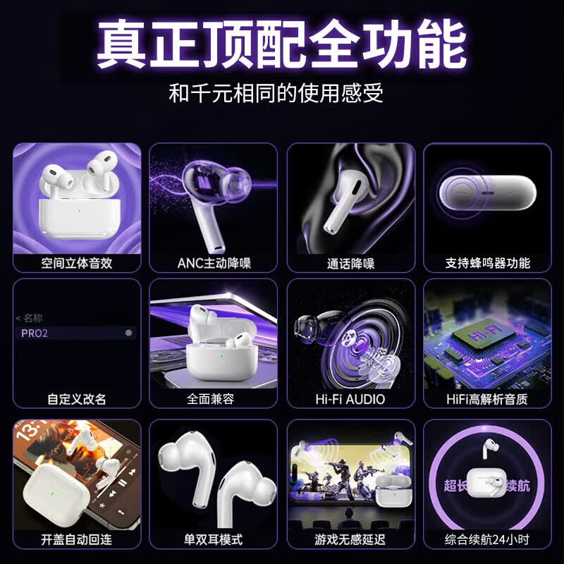 华强北【直营正品丨2026新款】Pro2蓝牙耳机适配苹果17/iphone无线降噪超长续航入耳式运动适用华为小米 Airpluspro2五代【2026新款丨标准版】有硅胶套