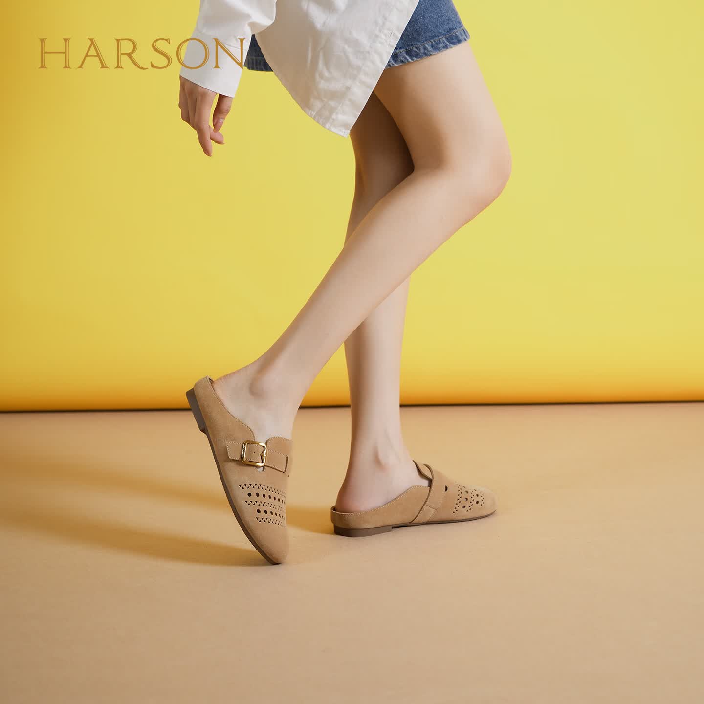 哈森（Harson）包头半拖鞋女2026夏季新款平跟勃肯拖鞋女时尚透气舒适HM261401 驼色 38