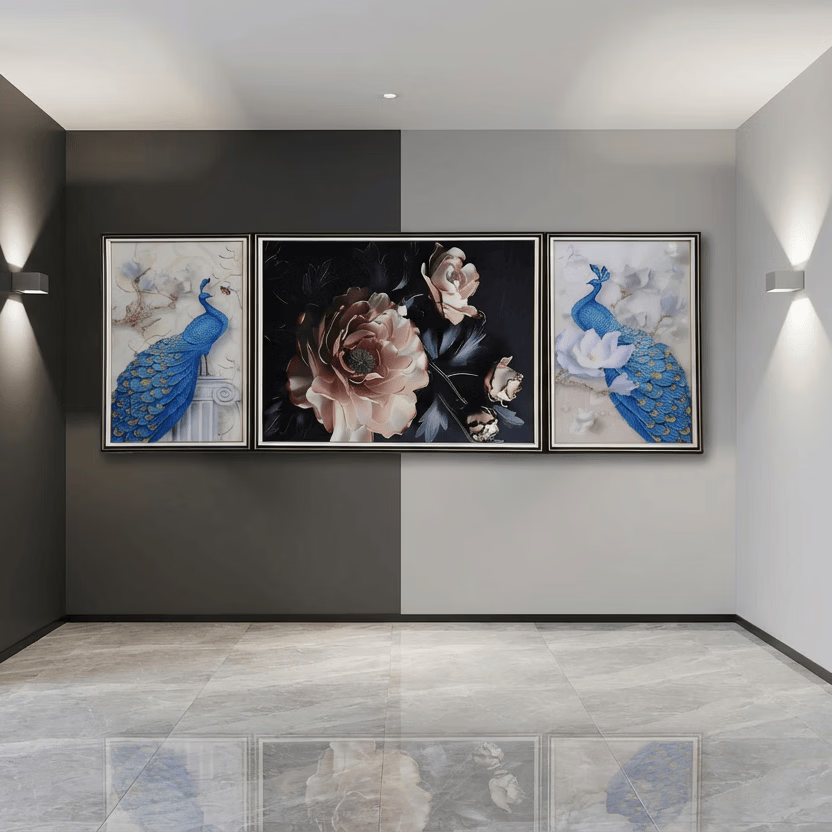 挂画|背靠金山装饰画 挂画客厅办公室三联 沙发背景墙画 孔雀玫瑰三联 45cm*65cm*2+85cm*65cm 黑色钢琴烤漆金边拉丝边框