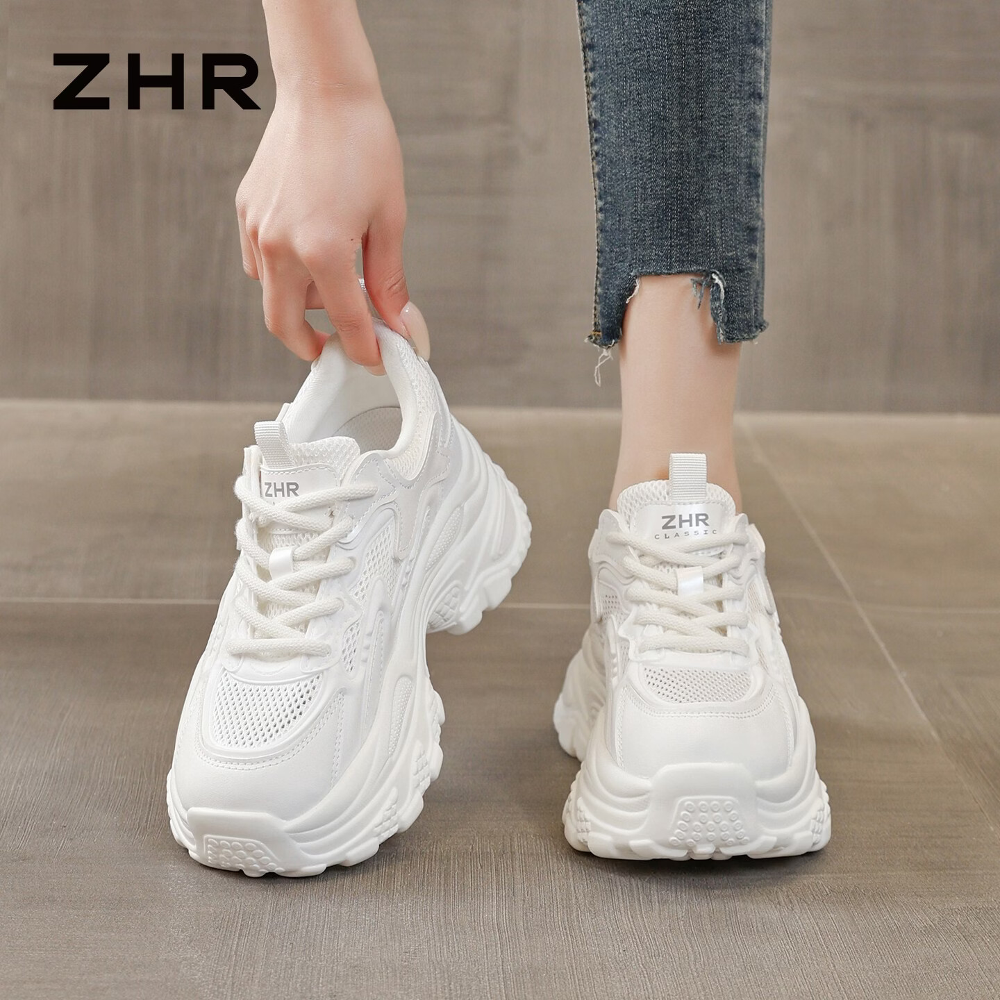 ZHR则则老爹鞋女网面透气内增高轻便休闲鞋厚底舒适女鞋 KS270E米白35
