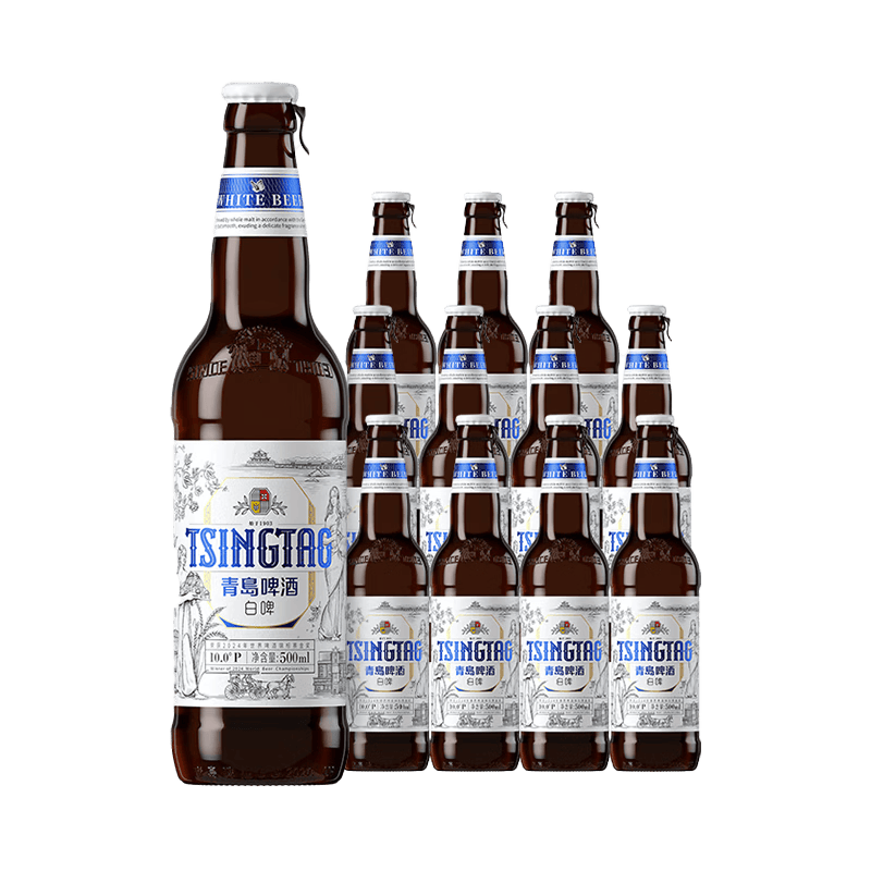 青岛啤酒（TsingTao）精酿白啤 全麦 原麦汁浓度10°P  500ml*12瓶 整箱装