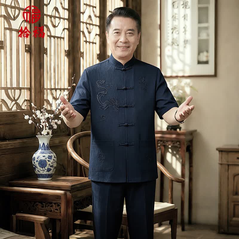 拾福唐装男中老年套装爸爸夏装短袖中国风男装老年人简约休闲衣服爷爷 深灰色 4XL （190-205斤）