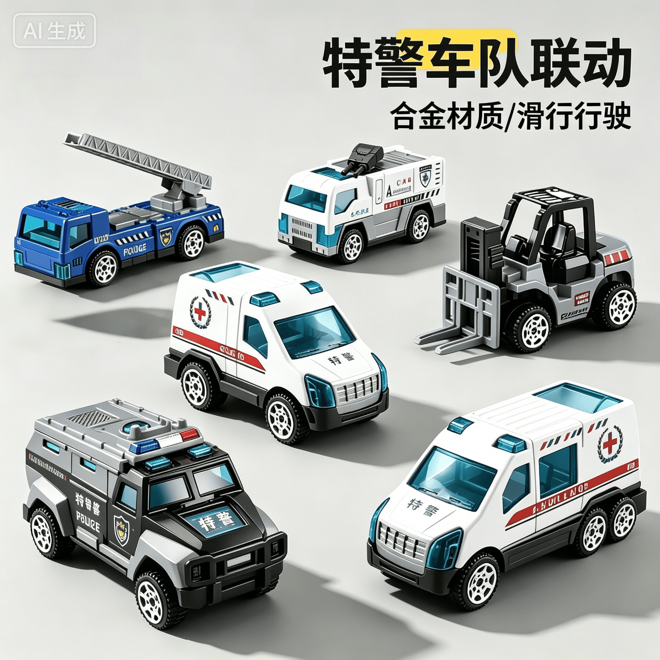中精质造新款城市警察儿童玩具车小汽车男孩3到6岁1工程车2套装消防车礼物 警察公安合金车套装【六只装】 部件可动/精致做工/合金材质