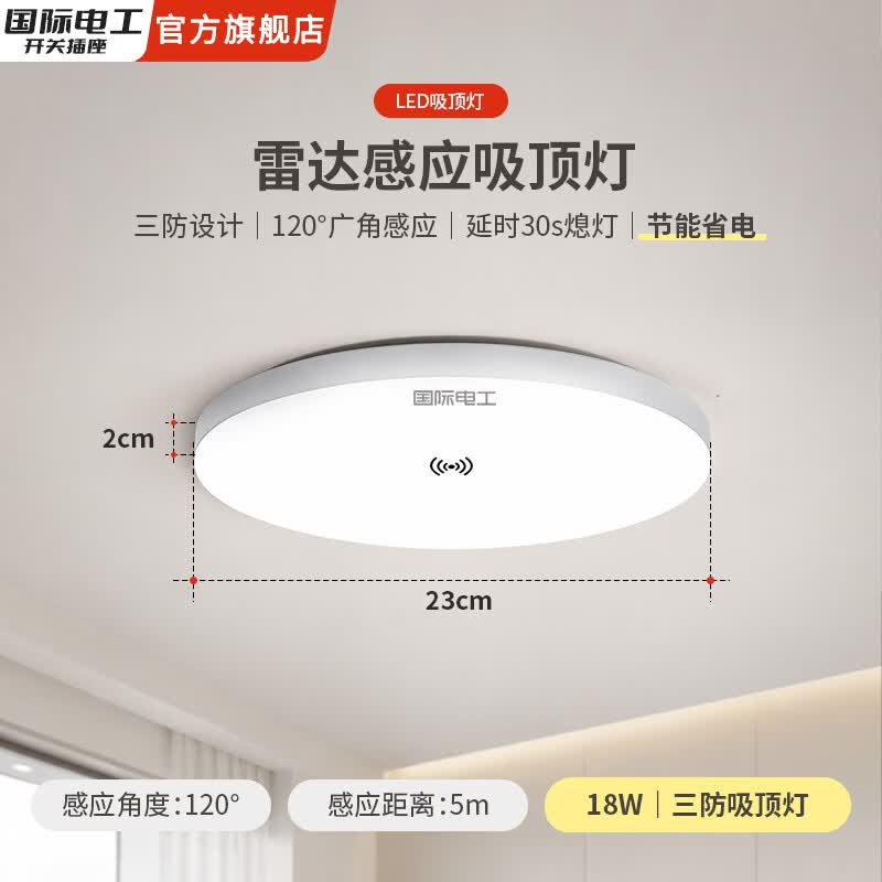 国际电工智能LED感应灯楼道灯三防吸顶灯过道走廊雷达声光控人体感应灯 【雷达感应-白光】18W 三防吸顶灯