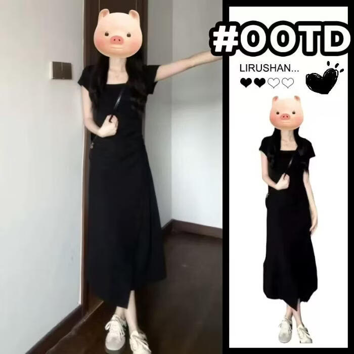 茶歇法式方领灰色连衣裙女2026夏季设计感小众修身显瘦气质长裙 黑色 2XL
