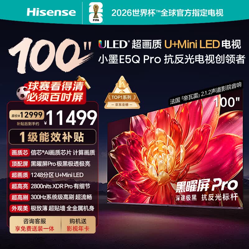 海信电视小墨E5Q Pro 100吋 1248分区U+MiniLED 信芯芯片极黑极透黑曜屏Pro限时补贴世界杯100E5Q-PRO