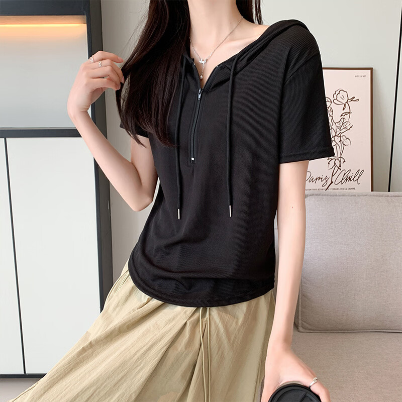 CKRYZ冰丝连帽拉链短袖女2026新款设计感夏款上衣女T恤衫短款修身卫衣 白色 L 推荐【95-110斤】