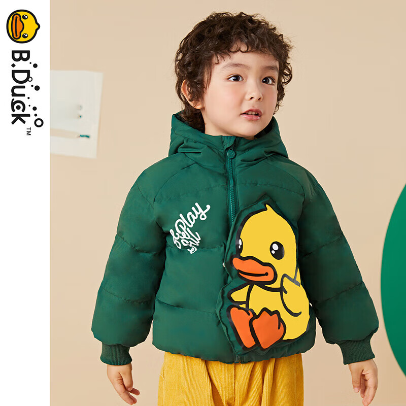 B.Duck小黄鸭童装儿童羽绒服冬季男女童短款连帽外套6042墨绿120